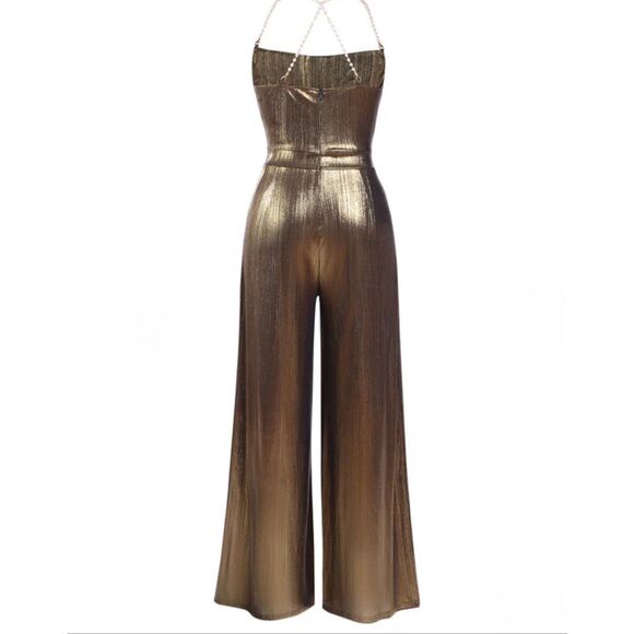 Retro Stage women’s M gold bronze metallic pantsuit romper 70s Disco pearl strap - Picture 3 of 4